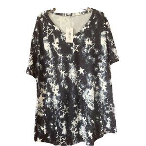 Rosriss Shirt Womens 24W Stars Monochrome Black White Gray Short Sleeve V-Neck